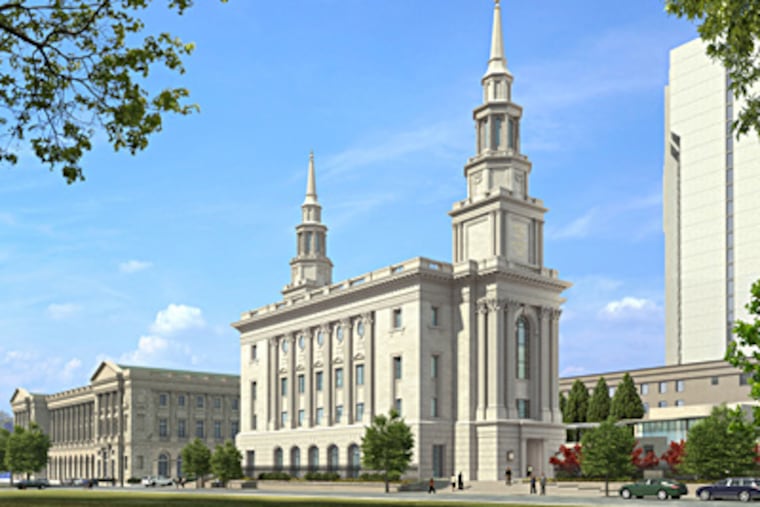 An artist's rendering of the Mormon temple to be built near 17th and Vine Streets.