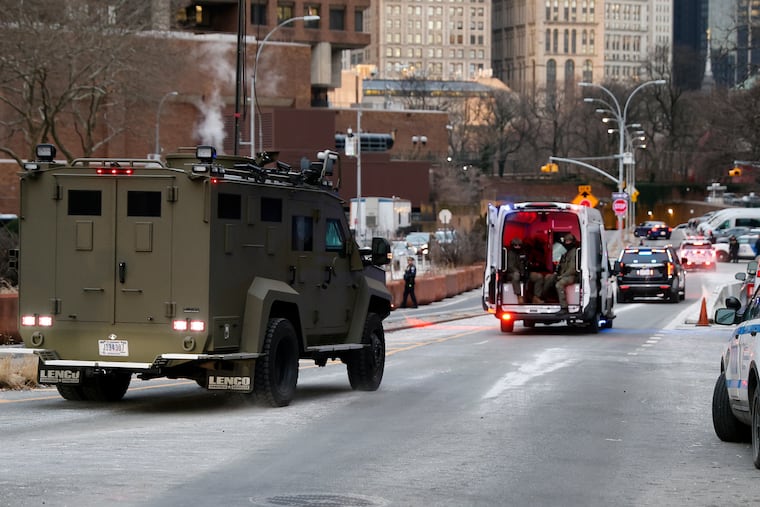 An armored vehicle carrying Venezuelan President Nicolas Maduro and his wife Cilia Flores arrives at Manhattan Federal Court on Monday.