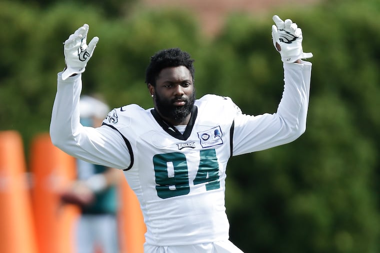 Josh Sweat, shown in practice warmups, keeps getting better as he embarks on his third season.