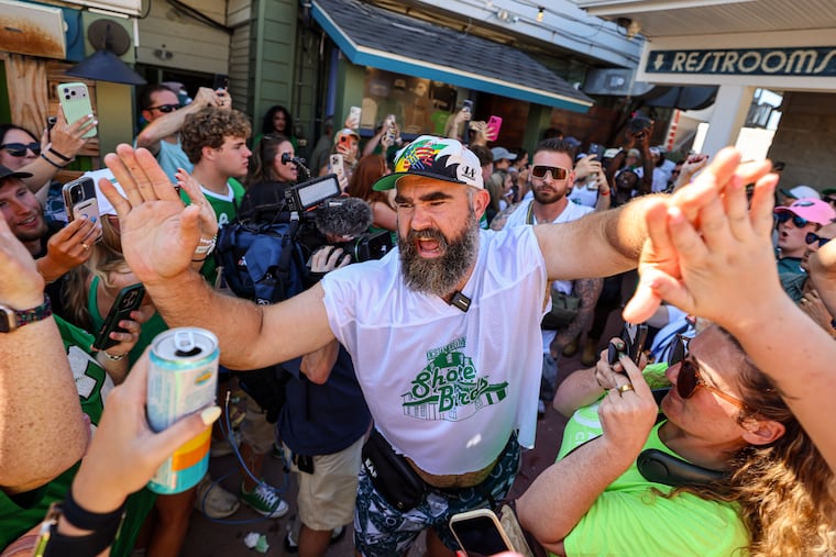 Jason Kelce enters his Shore Birds celebrity bartending event at the Ocean Drive last month.