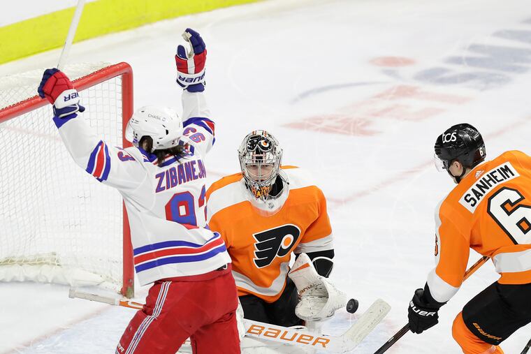 Rangers center Mika Zibanejad celebrates his first-period power-play goal Thursday that got past Carter Hart. After the first 2:42 of the second period, Zibanejad had 11 points in his last four-plus periods against the Flyers.