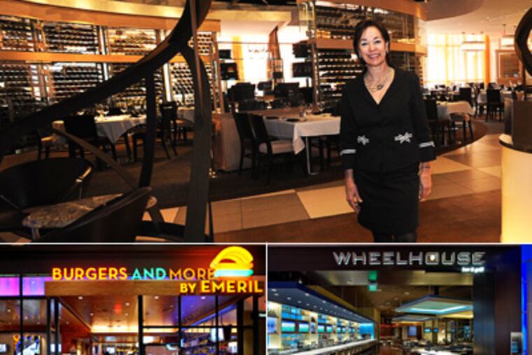 Interior designer Floss Barber in the Chop House and Burgers and More by Emeril that she created in the Sands, Bethlehem. Bottom right: Wheelhouse Bar & Grill at Rivers Casino, Pittsburgh. (Sharon Gekoski-Kimmel / Staff Photographer)