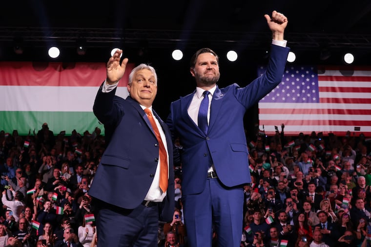 Hungarian Prime Minister Viktor Orban, left, and U.S. Vice President JD Vance wave to the audience during a Day of Friendship event in Budapest, Hungary Tuesday, April 7, 2026.