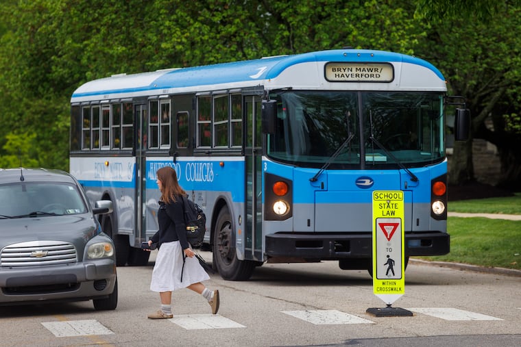 The "Blue Bus" arrives at Bryn Mawr College. It shuttles students back and forth between Bryn Mawr and Haverford.