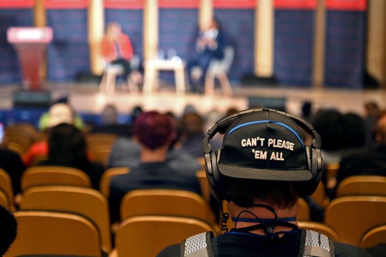 May 2, 2022: An audio engineer working during a political forum at the National Constitution Center last month.