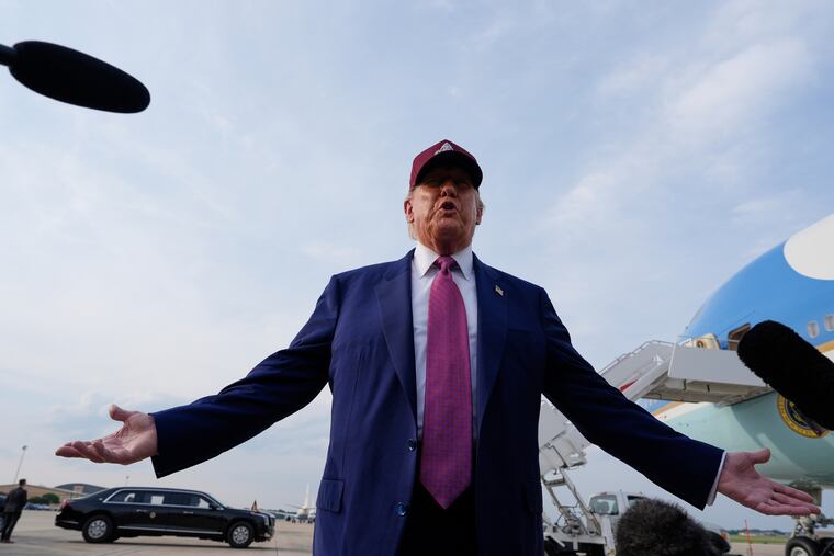 President Donald Trump speaks to reporters on Tuesday, June 10, 2025, at Joint Base Andrews, Md.