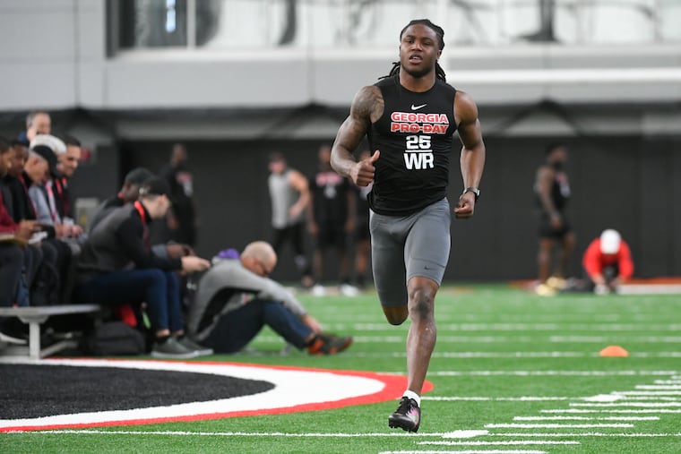 Ahkil Crumpton running a football drill during Georgia Pro Day in Athens, Ga., in 2019.