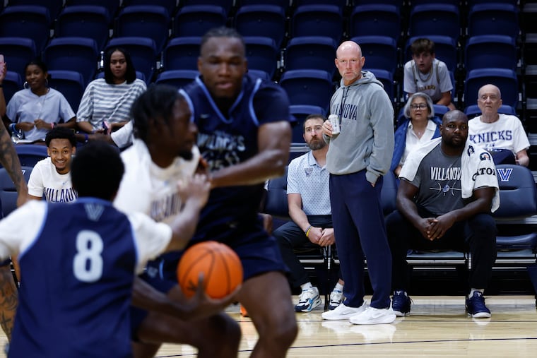 Villanova men's head basketball coach Kevin Willard watches a scrimmage during an open practice in Finneran Pavilion in July.
