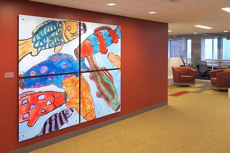 Fresh Artists' art installation in the offices of Independence Blue Cross. This is made from a child's drawing, which has been scaled up for use as wall art.