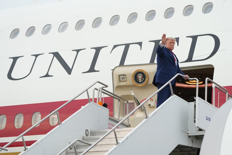 Donald Trump boards Air Force One at Cleveland Hopkins International Airport in Cleveland on Tuesday. The president's transfer from Air Force One to a smaller plane inside a catering truck may lend itself to mockery, writes Trudy Rubin, but the situation is a chilling metaphor for why Trump’s misbegotten Iran war has gone so wrong.