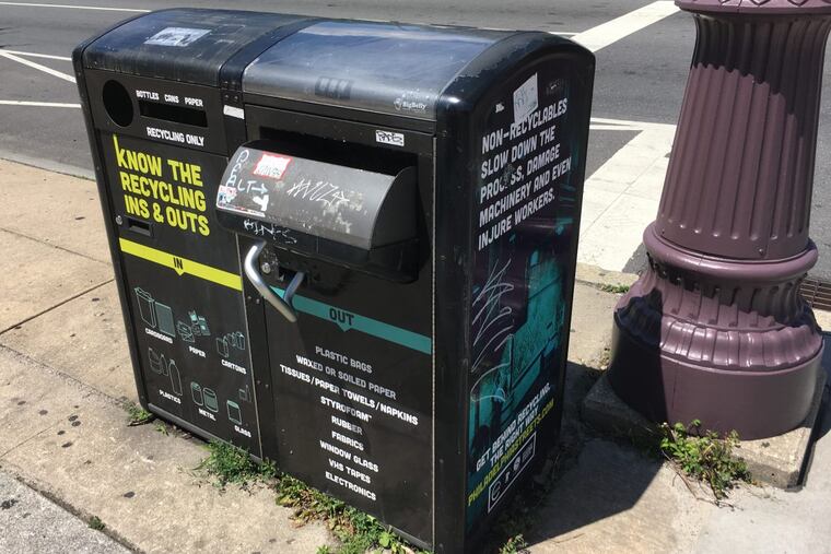 Abused, mangled BigBelly at Broad and Bainbridge streets shot 6/24/17 Stu Bykofsky
