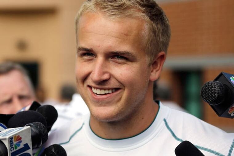 Matt Barkley speaks to the media during an availability after NFL football rookie minicamp at the team's practice facility, Friday, May 10, 2013, in Philadelphia. (Matt Slocum/AP)
