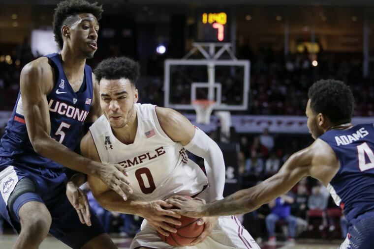 Temple’s Obi Enechionyia (0) received a $2,000 scholarship in being recognized as the American Athletic Conference basketball scholar-athlete of the year.