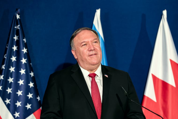 U.S. Secretary of State Mike Pompeo looks on during a press conference with Israeli Prime Minister Benjamin Netanyahu and Bahrain's Foreign Minister Abdullatif bin Rashid Alzayani after their trilateral meeting in Jerusalem on Wednesday, Nov. 18, 2020.