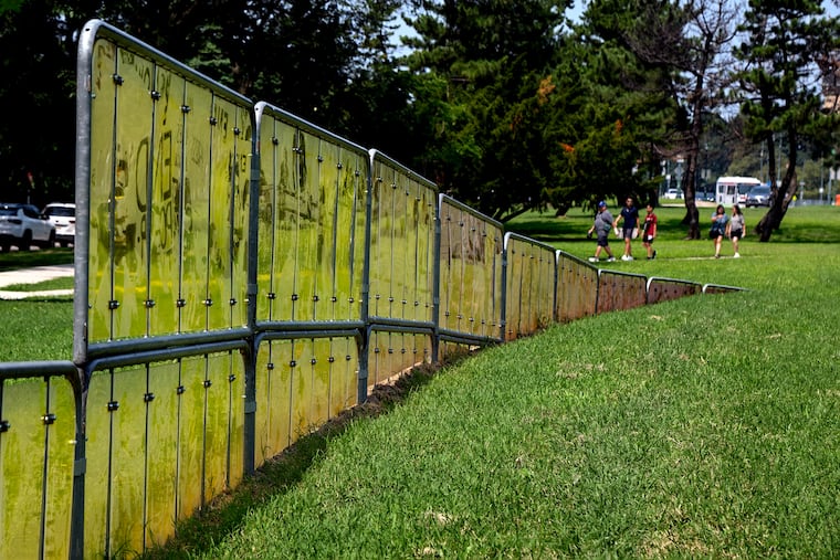 A new temporary public artwork by artist Nicolo Gentile titled “Bar None” is in place Monday, Aug. 4, 2025, in Maja Park along the Benjamin Franklin Parkway, installed by the Association for Public Art and the Parkway Council.