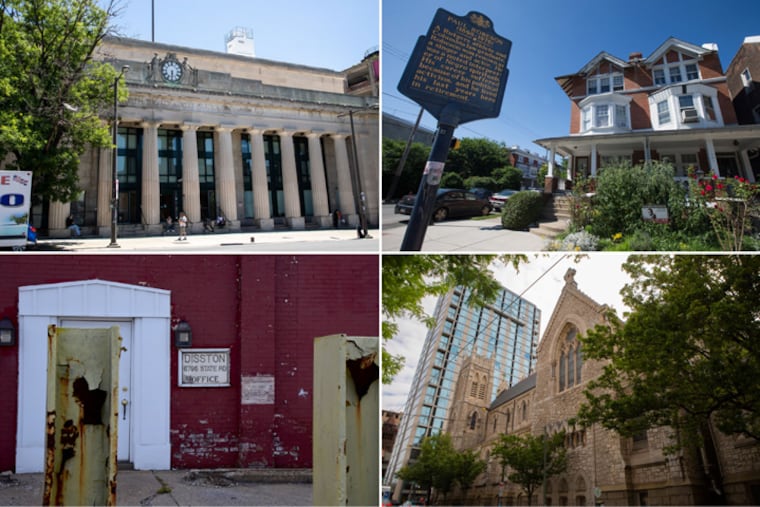 Clockwise from top left: North Broad Station, the Paul Robeson House, St. Agatha-St. James Church, and the Disston Saw Works.
