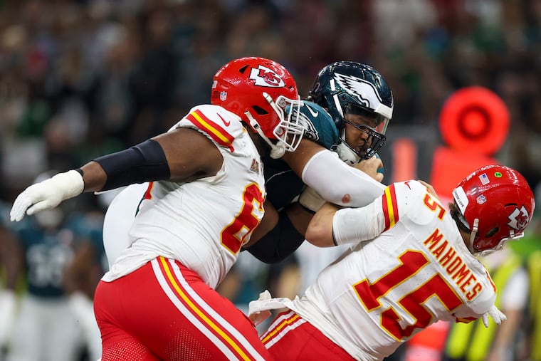 Eagles defensive tackle Jalen Carter caused Kansas City Chiefs quarterback Patrick Mahomes all sorts of trouble in Super Bowl LIX.