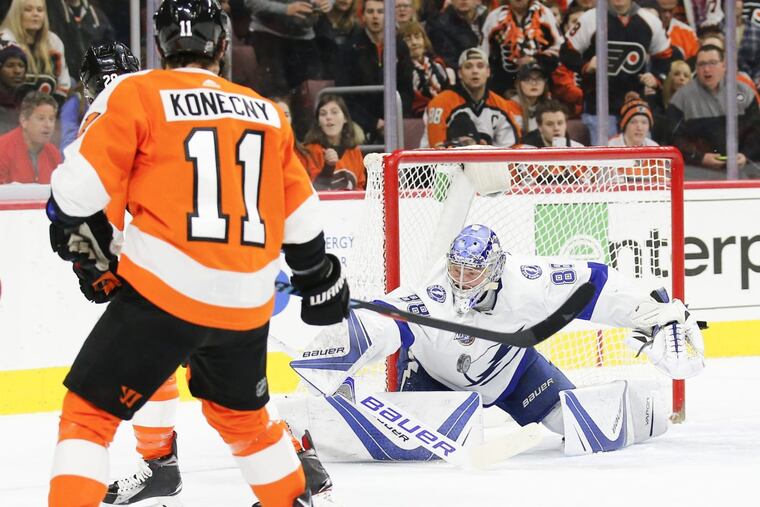Right winger Travis Konecny has 18 points in 19 games since moving to the Flyers’ top line.