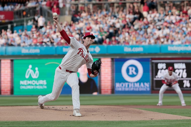 Phillies pitcher Andrew Painter throws out the first pitch of his Major League career in the first inning of the Washington Nationals vs. Philadelphia Phillies baseball game at Citizens Bank Park in Philadelphia on Tuesday, March 31, 2026.
