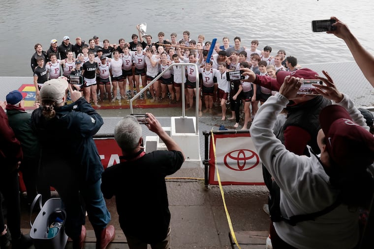 The St. Joe's Prep crew poses for photos after winning the 2024 Stotesbury Cup Regatta.