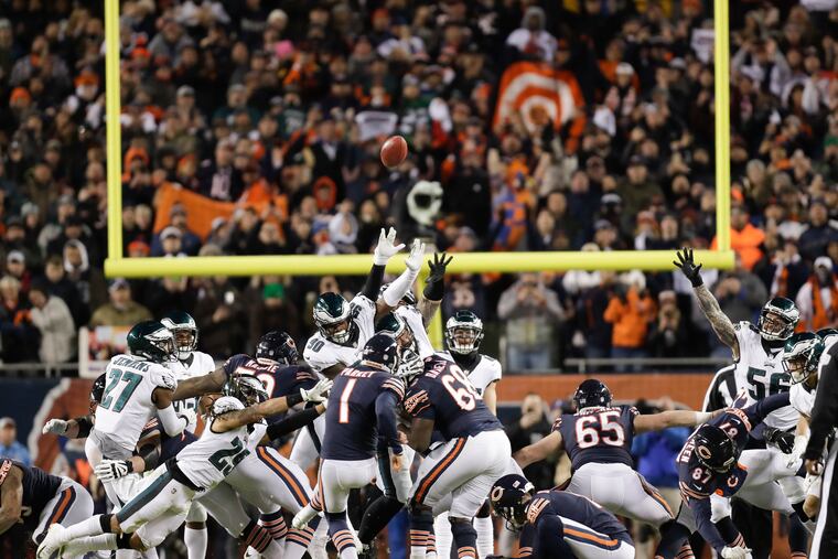Cody Parkey attempts (and misses) the game-winning field goal on Sunday against the Eagles.