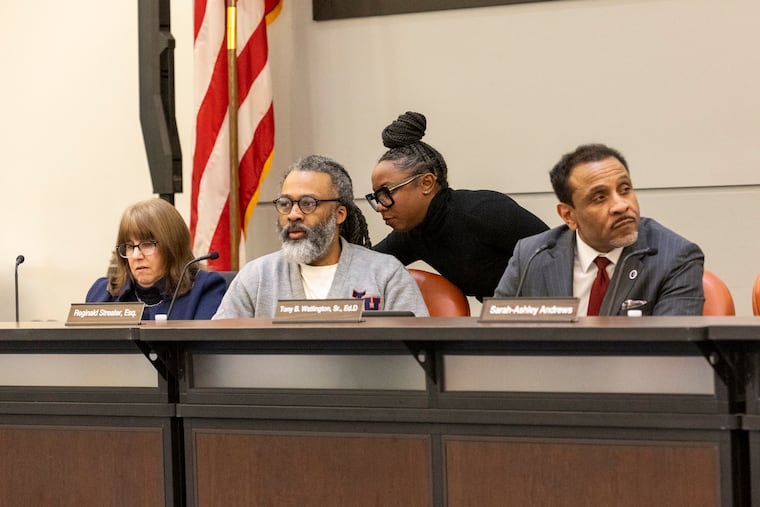Superintendent Tony B. Watlington Sr. (right), along with school board president Reginald L. Streater, general counsel Lynn Rauch, and board member Sarah-Ashley Andrews, during the Jan. 29 board meeting at the Philadelphia School District.
