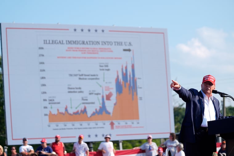 Former President Donald Trump speaks at a campaign rally in July in Butler, Pa. Moments later, Trump was shot in the ear in an assassination attempt. He has credited turning to the chart pictured here with saving his life.
