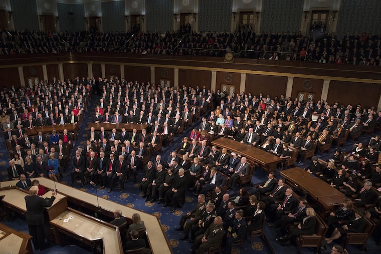 President Trump (bottom left) delivers a State of the Union address to a joint session of Congress at the U.S. Capitol in Washington on Jan. 30, 2018.