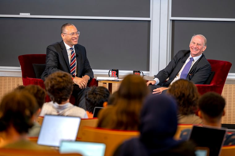 Rutgers University President Jonathan Holloway (left) hosts Richard Haass, president emeritus of the Council on Foreign Relations, during his seminar class "Citizenship, Institutions, and the Public" at Rutgers–New Brunswick on Oct. 4. Haass led the council for 20 years and before that was director of policy planning for the U.S. Department of State. He worked closely with former Secretary of State Colin Powell under President George W. Bush.
