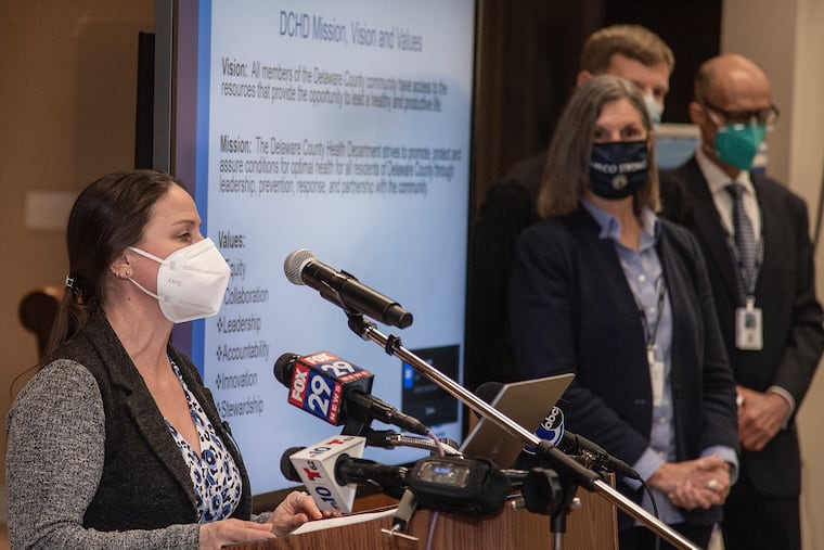 Melissa Lyon, who will be director of the Delaware County Health Department, speaks at a Tuesday news conference.