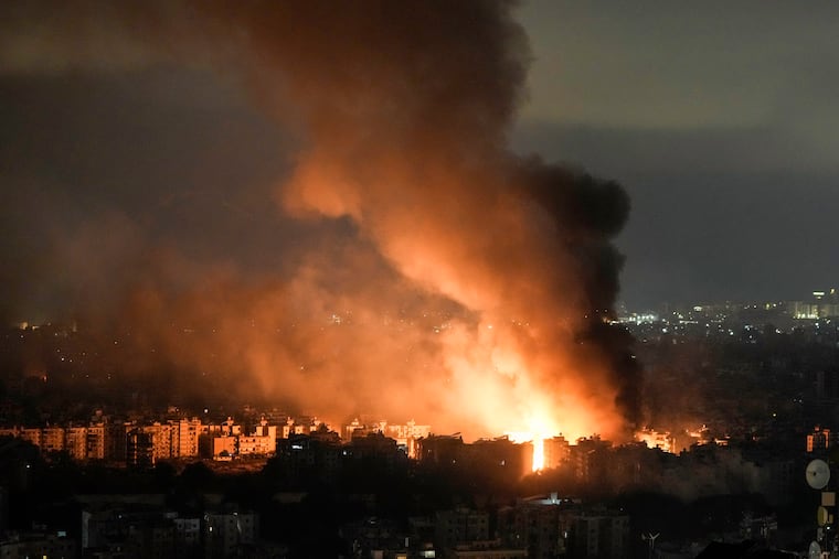 Flames and smoke rise from an Israeli airstrike in Dahiyeh, Beirut, Lebanon on Monday, Oct. 7, 2024.