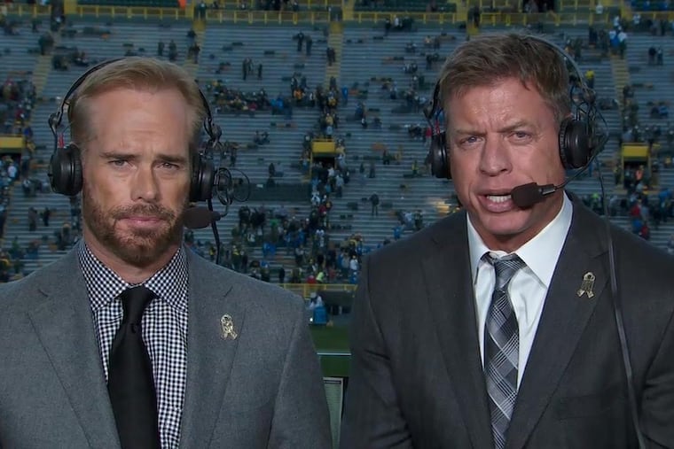 Fox Sports broadcasters Joe Buck (left) and Troy Aikman called Sunday’s Saints-Vikings game. Despite the unbelievable finish, the game’s ratings were down 23 percent compared to last season’s late Sunday afternoon divisional playoff game.
