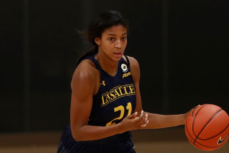 LaSalle guard Jaye Haynes in action against Villanova during an NCAA basketball game on Wednesday, Dec. 9, 2020, in Villanova, Pa. (AP Photo/Jason E. Miczek)