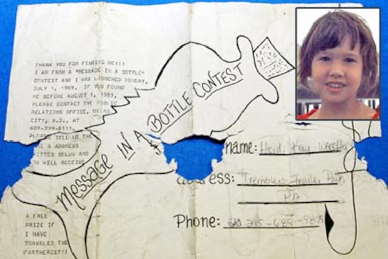 Heidi Kay (Werstler) Mozzo was 6 in the summer of 1985, inset, when she entered a "Message in a Bottle Contest" in Ocean City, N.J. The bottle was recently found in North Carolina. (Entry form: Donald B. Kravitz / City of Ocean City, NJ)