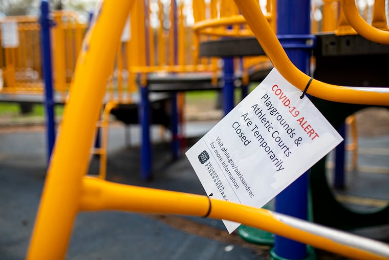A City of Philadelphia sign that warns, “Covid-19 alert playgrounds and athletic courts are temporarily closed,” shown on April 8.