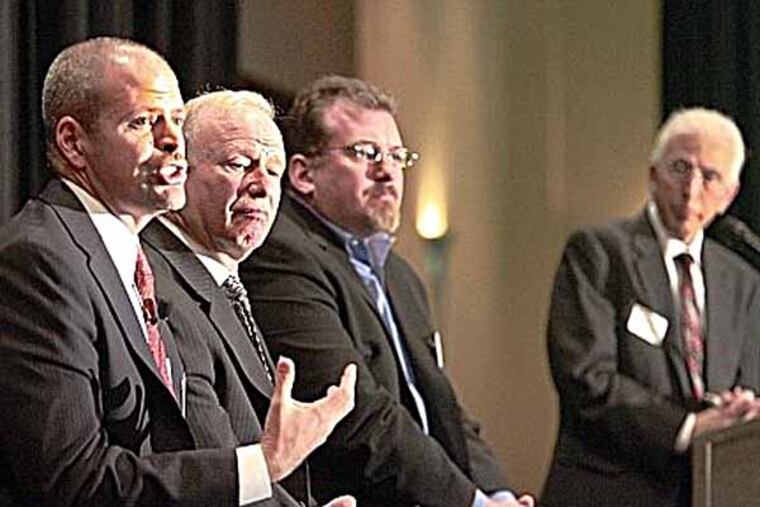 Michael Kotzen, (left) from the Virtua is speaking during panel discussion. IDÕs are (left to right) Michael Kotzen from the Virtua, Dr. Kenneth Blank from the Rowan Univ. , Scott. Megill from the Coriell Life Sciences and a moderator, Gary Rago, Dir. of Rutgers-Camden SBDC
10-18-2013( AKIRA SUWA / Staff Photographer )
The 8th Annual Tri-County Economic Development Summit at the Westin Hotel and Conference Center in Mt. Laurel