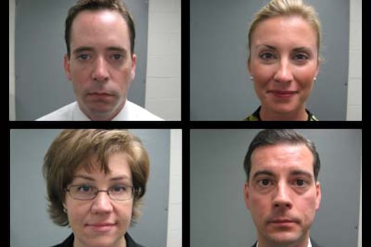Among the seven defendants who've pleaded guilty today in Bonusgatel: clockwise from top left, Mike Manzo; former chief of staff to Rep. H. William DeWeese; his wife, Rachel Manzo, a one-time aide to several legislators; Scott Brubaker, the House Democratic Caucus' former director of staffing and administration; and his wife, Jennifer Brubaker, former director of the Democrats' Legislative Research Office. (www.attorneygeneral.gov)