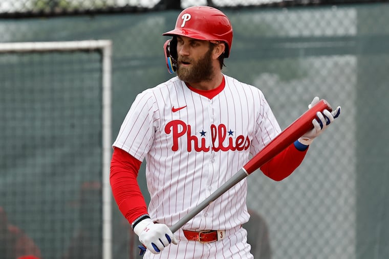 Phillies first baseman Bryce Harper got seven plate appearances in a minor league scrimmage Friday at the Carpenter Complex.
