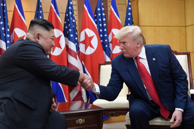 FILE - In this June 30, 2019, file photo, U.S. President Donald Trump, right, meets with North Korean leader Kim Jong Un at the border village of Panmunjom in the Demilitarized Zone, South Korea. North Korea on Friday, Sept. 27, 2019, says it wants Trump to make a "wise option and bold decision" to produce a breakthrough in stalled nuclear diplomacy. The statement by Foreign Ministry adviser Kim Kye Gwan came days after Trump said another meeting with Kim Jong Un "could happen soon" without elaborating. (AP Photo/Susan Walsh, File)