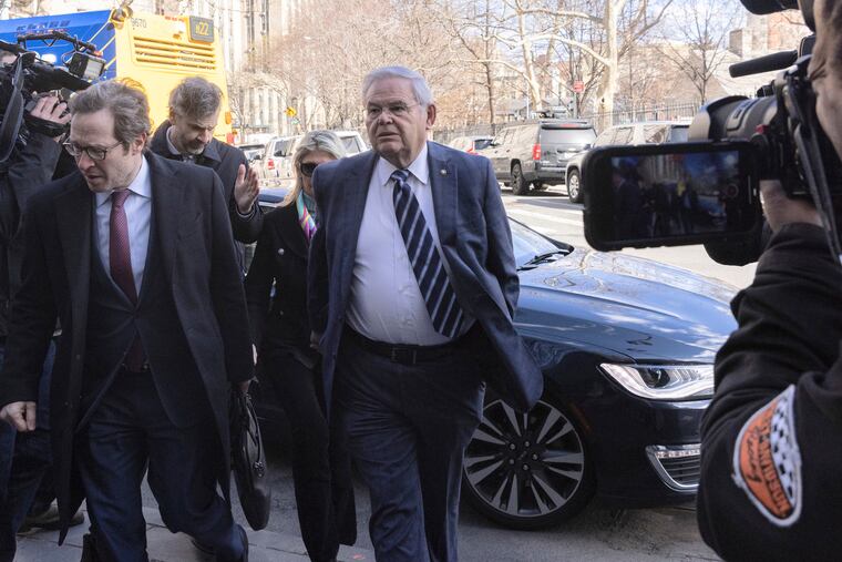 Sen. Bob Menendez, D-N.J., arrives at Manhattan federal court on Monday in New York.
