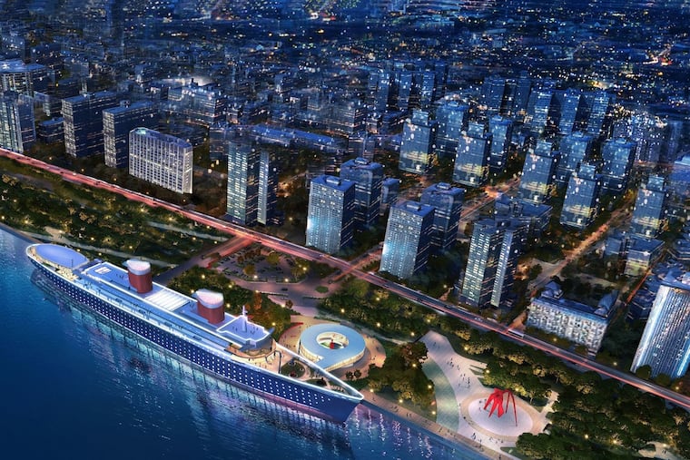 Artist's rendering of SS United States moored on an urban waterfront after renovation by developer RXR Realty into hotel-and-museum complex. RXR will look for a big coastal city interested in hosting the vessel in a permanent location.