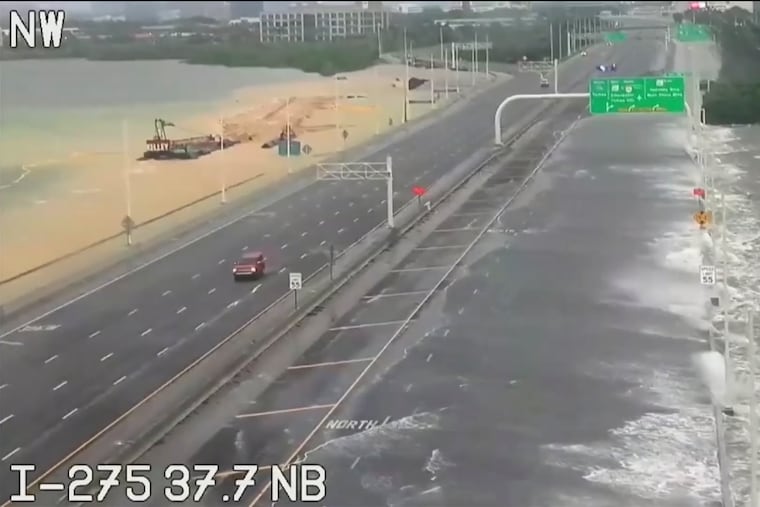 This photo provided by FDOT shows flooded interstate 275 Over Tampa Bay, Fla., on Wednesday. Hurricane Idalia steamed toward Florida’s Big Bend region as a dangerous Category 4 storm Wednesday morning, threatening deadly storm surges and destructive winds in an area not accustomed to such pummeling.