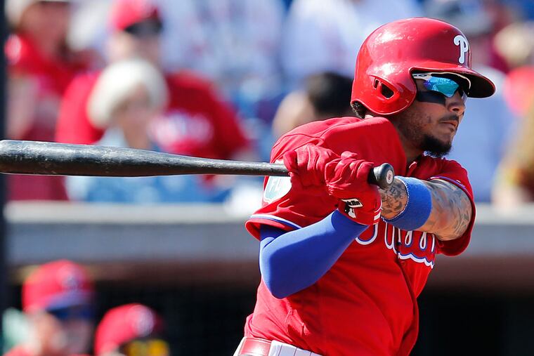The Phillies' Freddy Galvis bats against the Toronto Blue Jays during a spring training game in Clearwater, Florida on Tuesday, March 1, 2016. YONG KIM / Staff Photographer