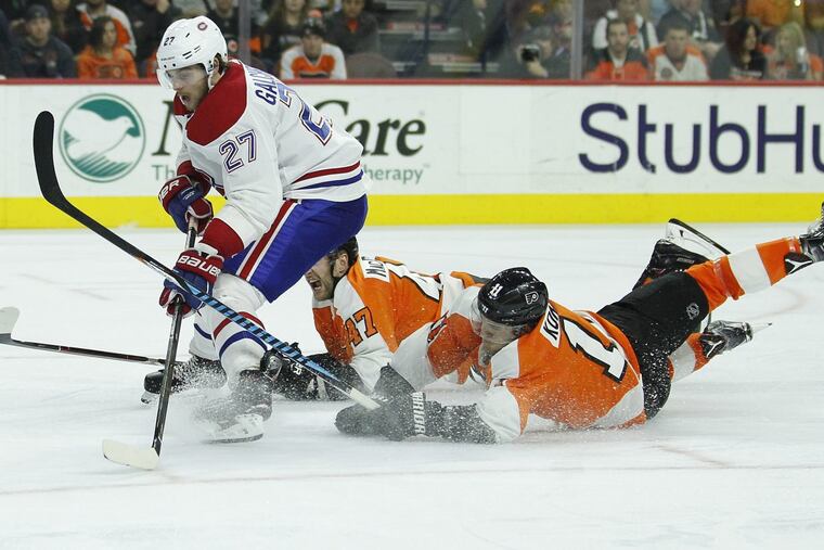 Montreal’s Alex Galchenyuk getting chased on a breakaway by Andrew Macdonald (47) and Travis Konecny during the third period of the Flyers’ 3-2 OT win Tuesday.
