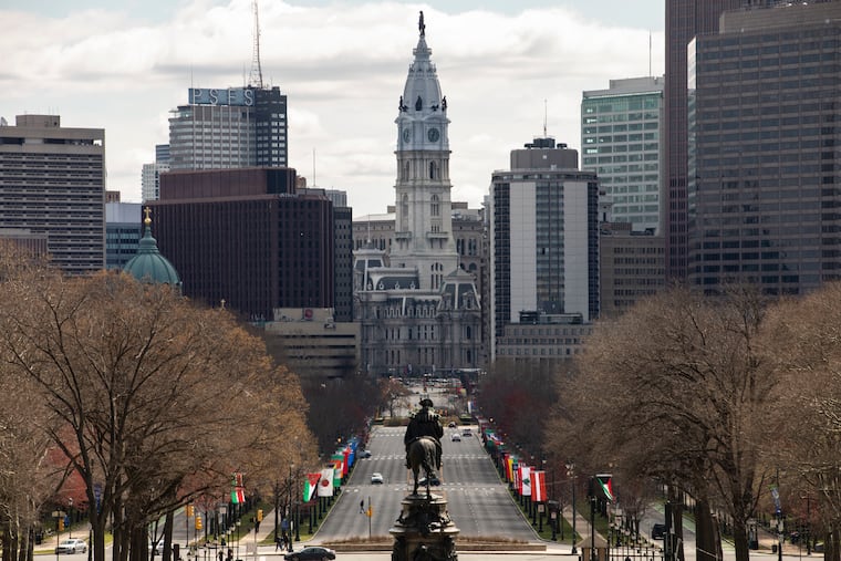 City Hall and the Benjamin Franklin Parkway as seen from the steps of the Philadelphia Museum of Art.