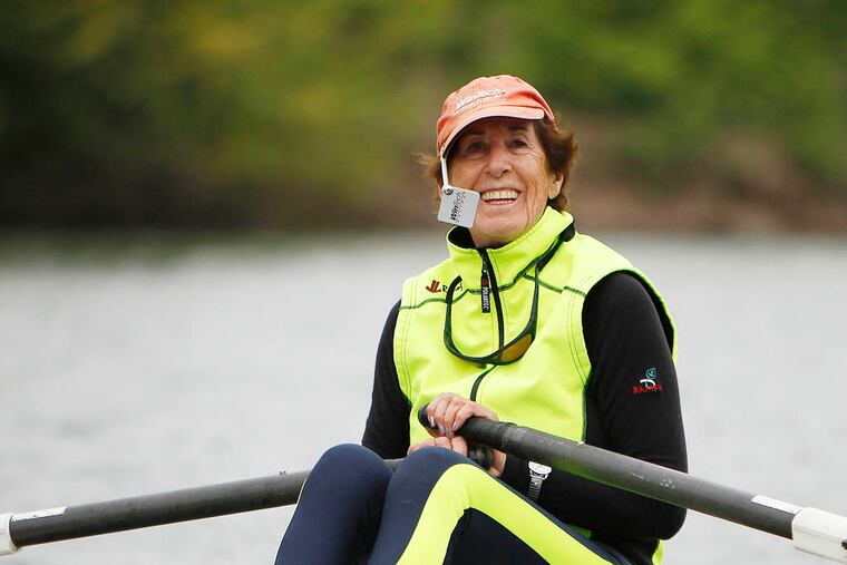 Karin Tetlow, who is in her 70s, pauses during her practice on the Schuylkill in Philadelphia on May 6, 2013. (DAVID MAIALETTI /Staff Photographer)