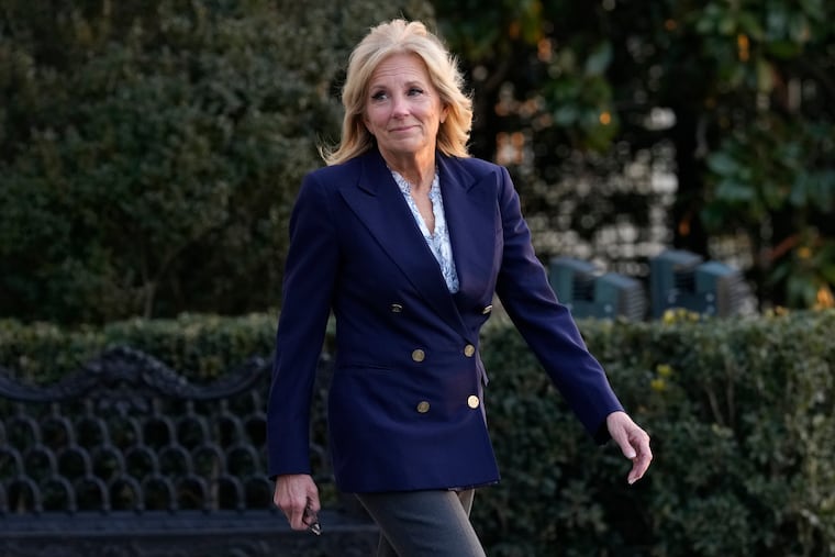 First lady Jill Biden walks out of the White House in Washington, Wednesday, Jan. 11, 2023, as she and President Joe Biden prepare to board Marine One. Jill Biden is having surgery to remove a small lesion found above her right eye during a routine skin cancer screening.