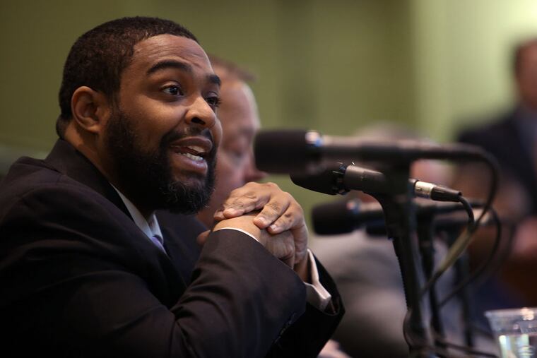 Omar Woodard speaks for Anthony Williams at the Better Mobility 2015 Mayoral Forum at Friends Center in Philadelphia on Thursday, March 19, 2015. Woodard had planned to challenge Council President Darrell Clarke for his seat representing North Philadelphia but said he's dropping out of the race Friday. ( STEPHANIE AARONSON / The Next Mayor )