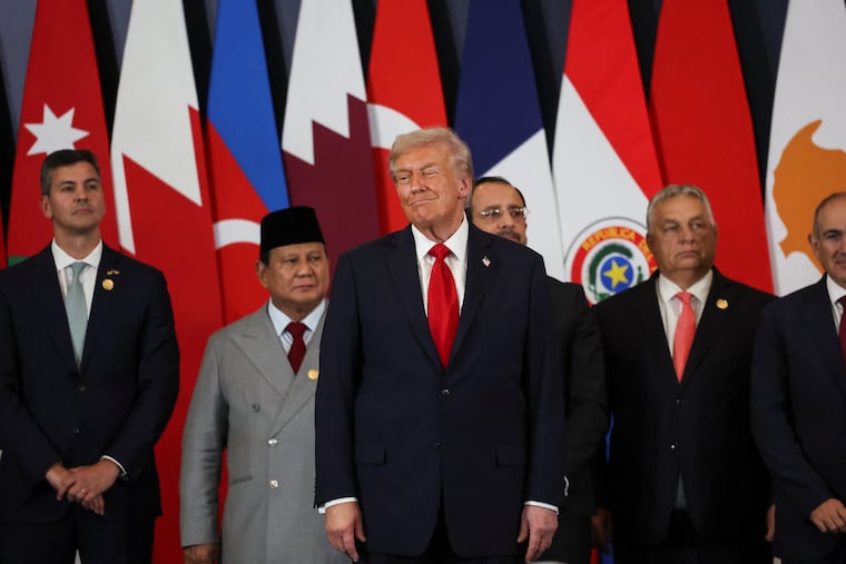 President Donald Trump is flanked (from left) by Paraguay's President Santiago Peña, Indonesian President Prabowo Subianto, Cyprus' President Nikos Christodoulides, and Hungary's Prime Minister Viktor Orbán at the Gaza International Peace Summit in Sharm el-Sheikh, Egypt, on Monday.