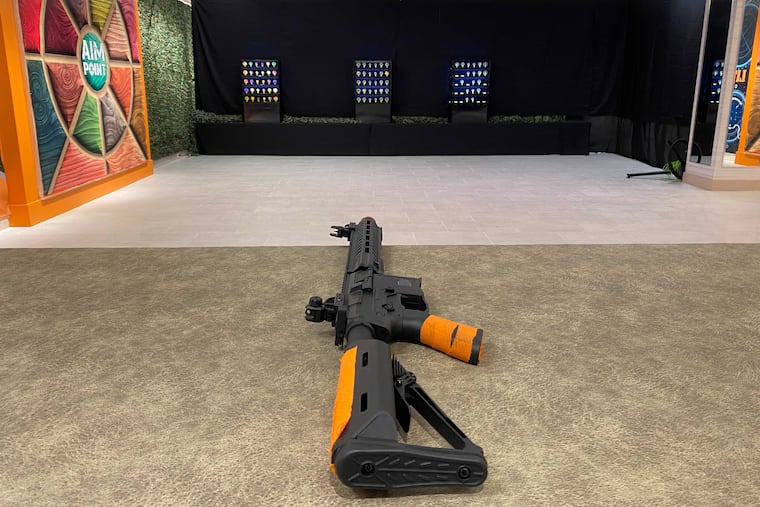 A lifelike toy gun used to shoot plastic pellets at Aim Point, an airsoft arcade shooting gallery, on the lower level of the Fashion District in Philadelphia, Pa., on Wednesday, Nov. 3, 2021.